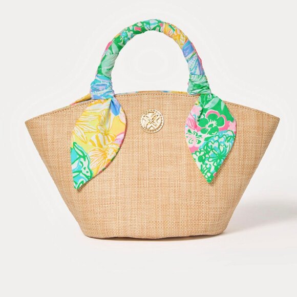 Lilly Pulitzer Maya Straw Tote Bag NWT $168 Raffia Scarf Handle - Picture 2 of 5